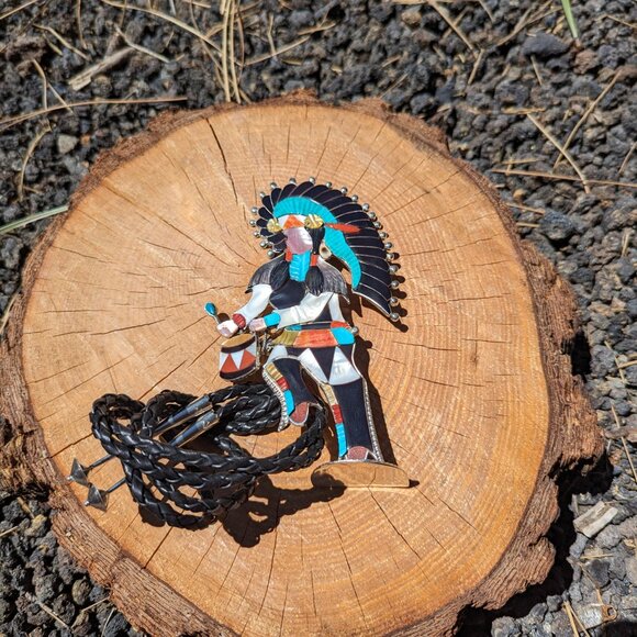 Bolo Tie Zuni Native American Sterling Silver Inlay Rare Chief‎ Ceremonial *** - Picture 4 of 12